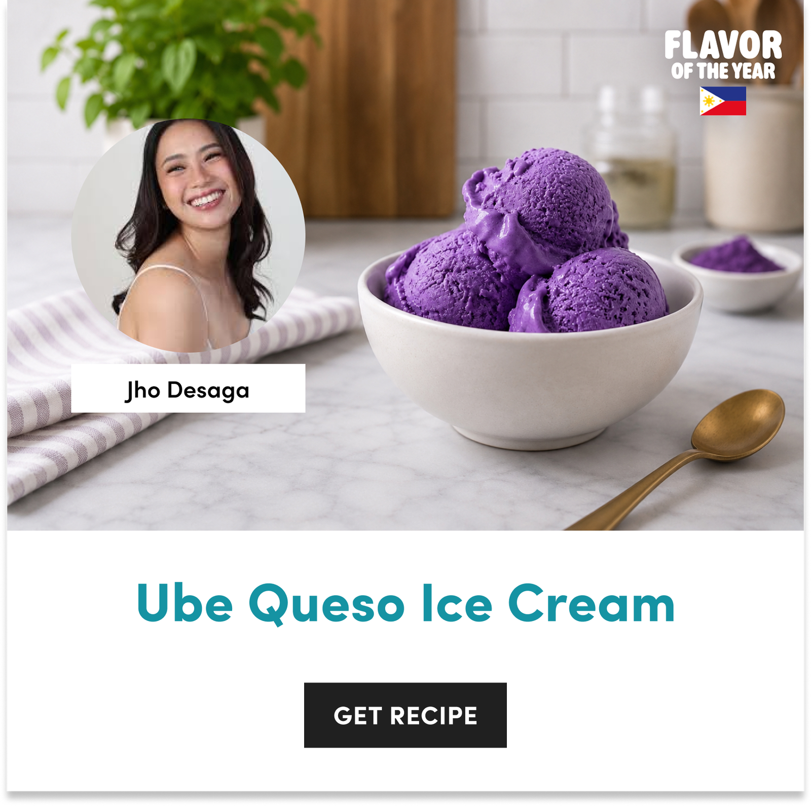 A bowl of purple ube queso ice cream scoops next to a spoon and a circular portrait of Jho Desaga on a marble table.