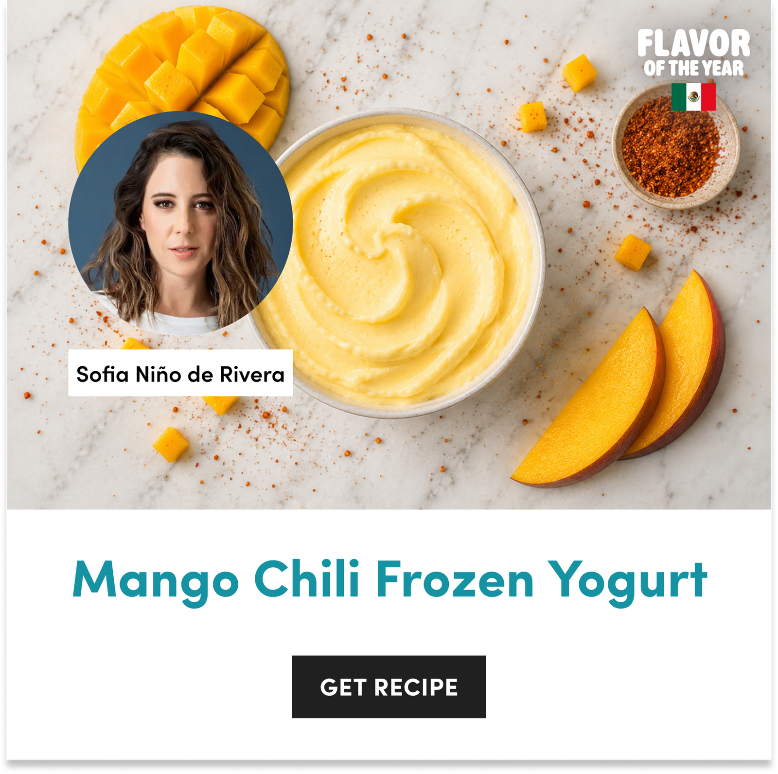 A bowl of swirled mango chili frozen yogurt surrounded by fresh mango slices, chili powder, and a portrait of Sofia Niño de Rivera.