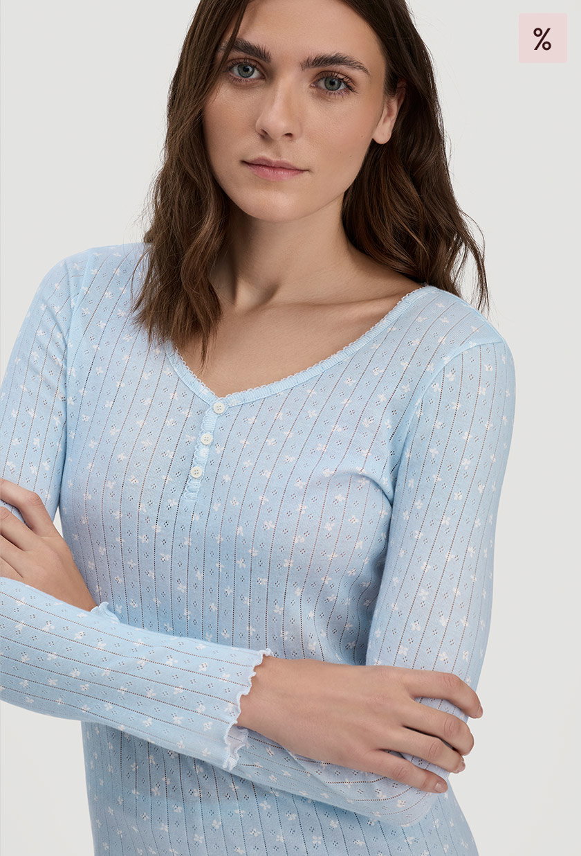 Pointelle Henley Schlafshirt PURE COTTON aus reiner Bio-Baumwolle