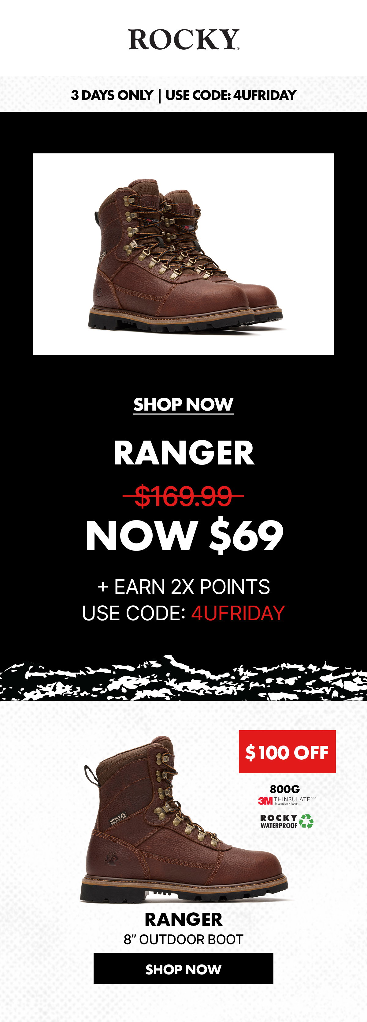 rocky boots | 3 days only | use code: 4UFRIDAY | save $100  on ranger outdoor boots | Now only $69