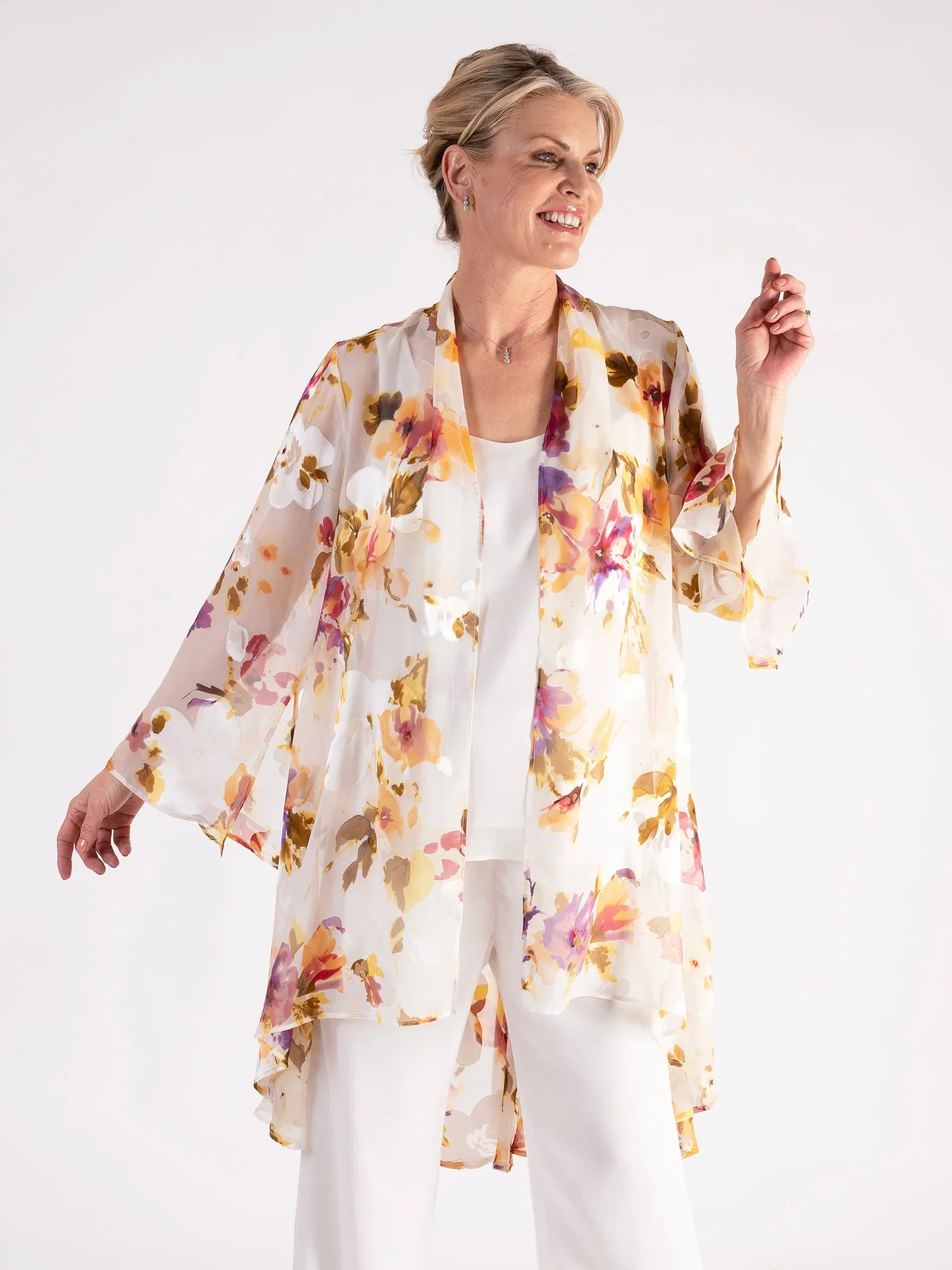 Image of Ivory/Multi Sunshine Floral Devoree Jacket with Split Cuff Detail