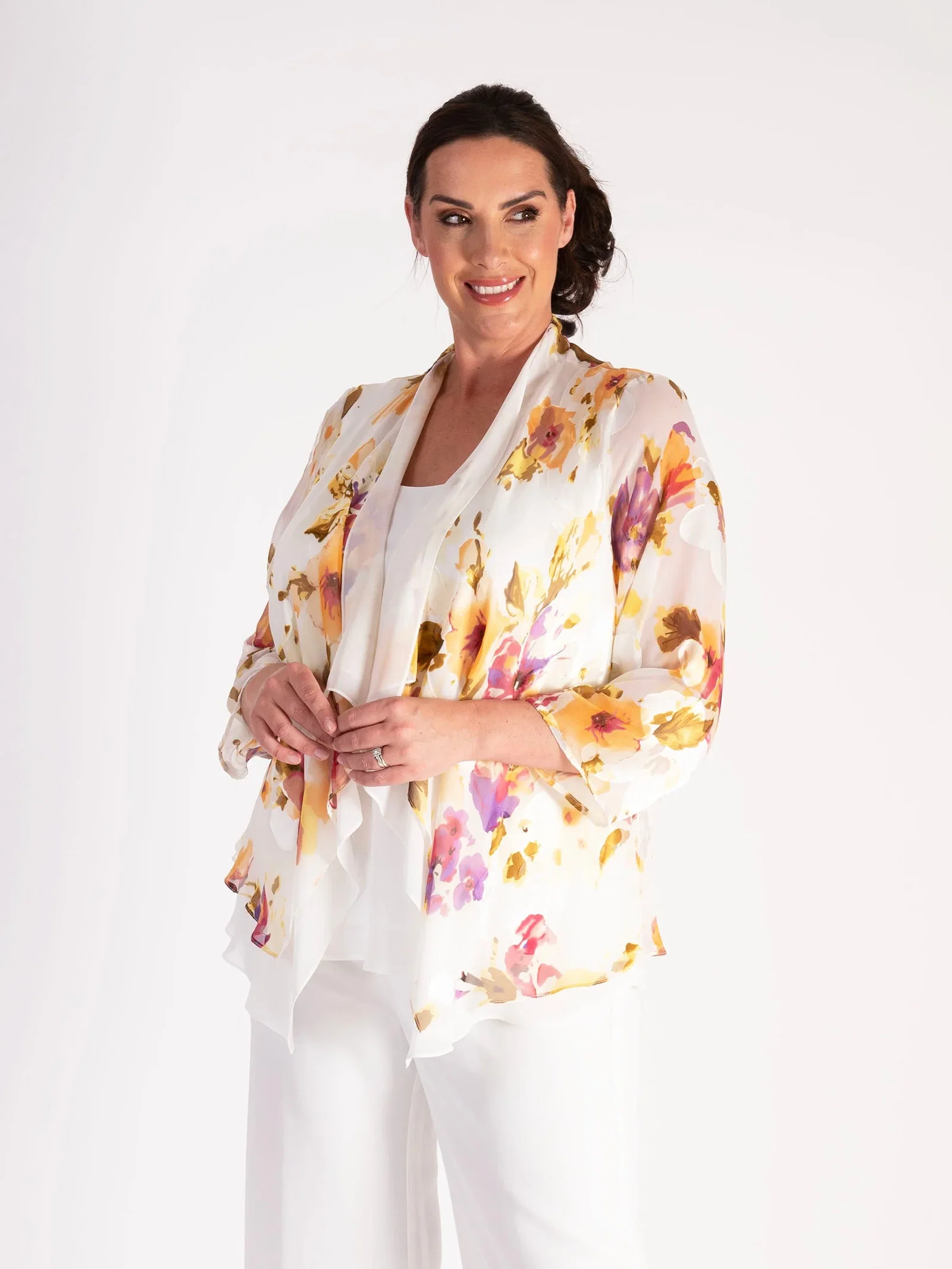 Image of Ivory/Multi Sunshine Floral Silk Devoree Contrast Layered Shrug