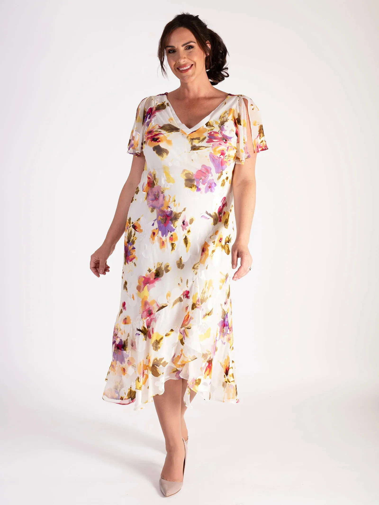 Image of Ivory/Multi Sunshine Floral Silk Devoree Dress with Chiffon Neckline