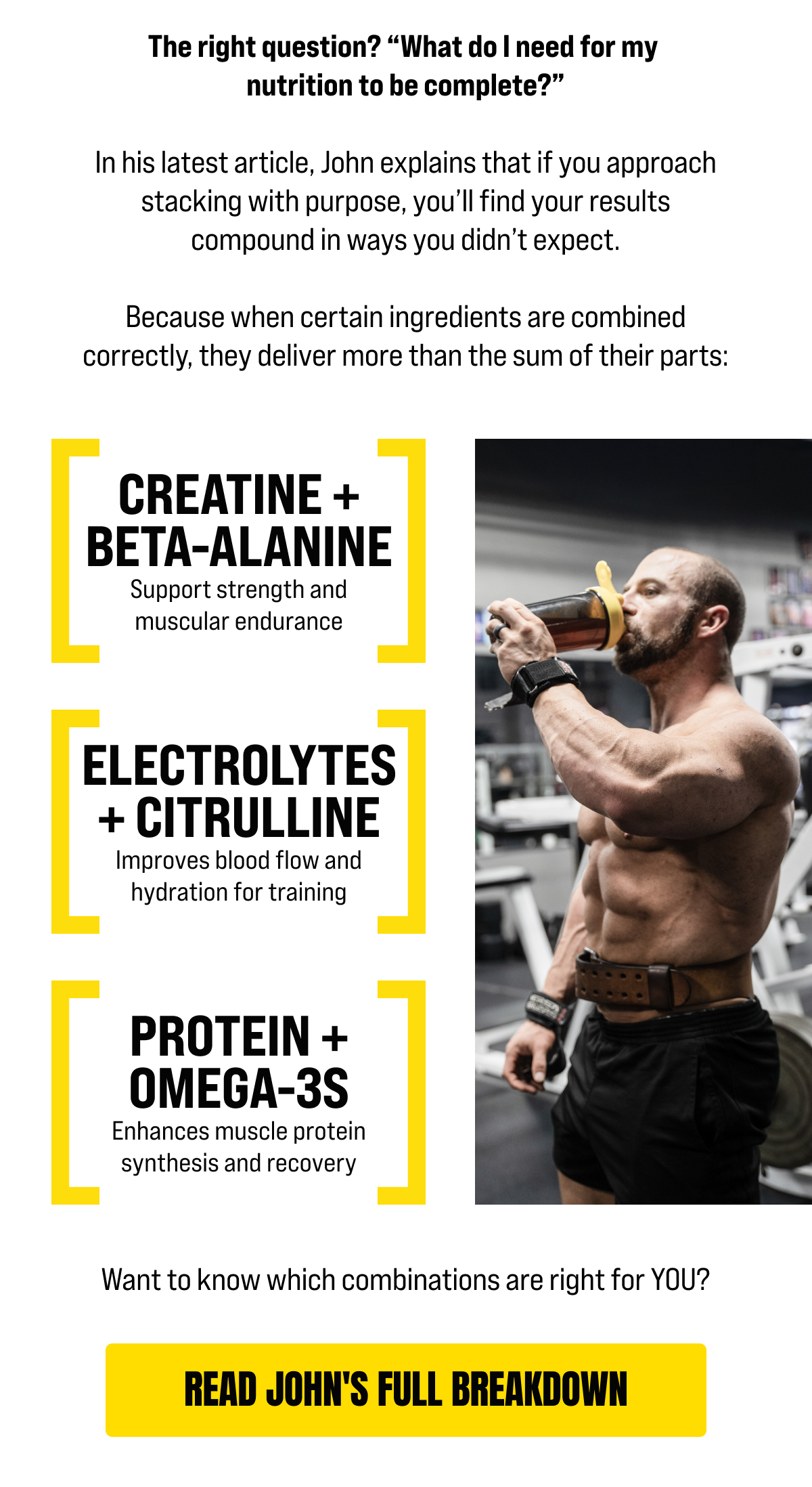 In his latest article, John breaks down why copying someone else's stack (even a pro's) misses the entire point of supplementation.  Because when certain ingredients are combined correctly, they deliver more than the sum of their parts. [Click here to Read John's Full Breakdown]