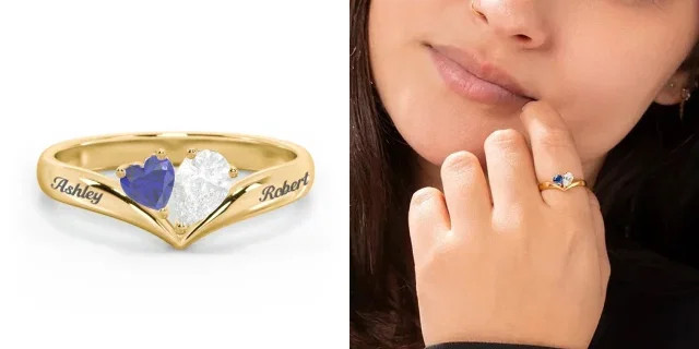 Toi et Moi Heart and Pear Gemstone Ring with V-Shape Band