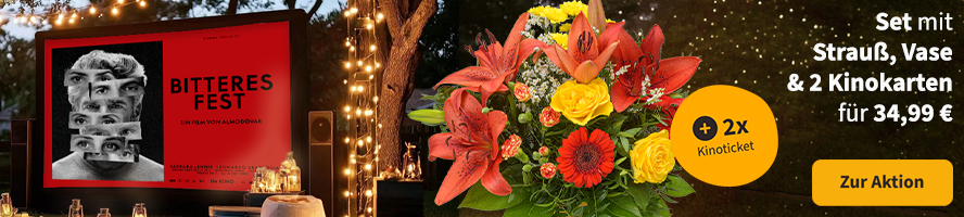 Tolles Geschenk: Blumenstrauß Symphonie mit Gratis-Vase und 2 Kinokarten zum Film „Bitteres Fest“ für 34,99 €