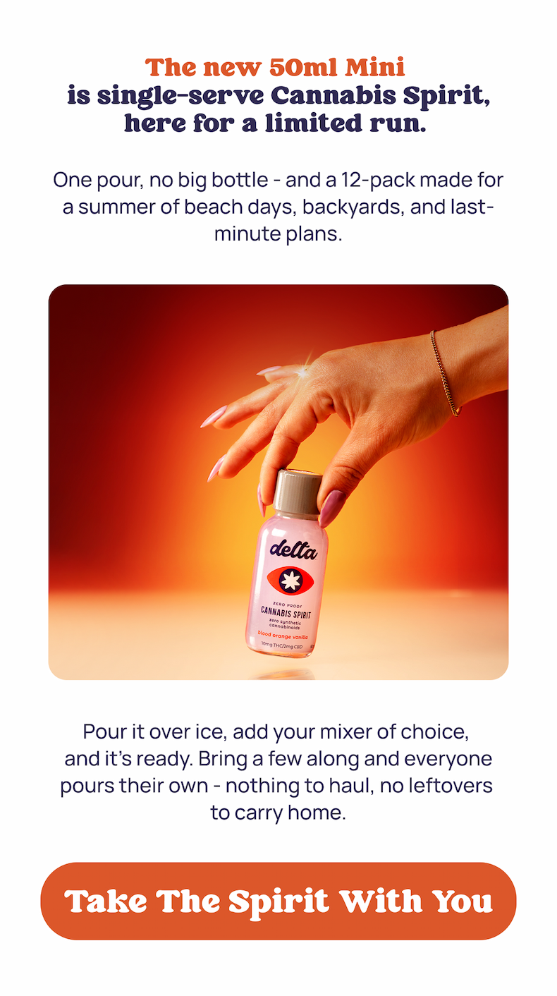 The new 50ml Mini is single-serve Cannabis Spirit, here for a limited run.   One pour, no big bottle - and a 12-pack made for a summer of beach days, backyards, and last-minute plans. Pour it over ice, add your mixer of choice,  and it's ready. Bring a few along and everyone pours their own - nothing to haul, no leftovers to carry home. Take The Spirit With You