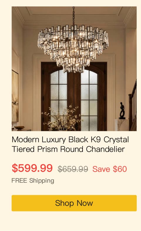 Modern Luxury Black K9 Crystal Tiered Prism Round Chandelier