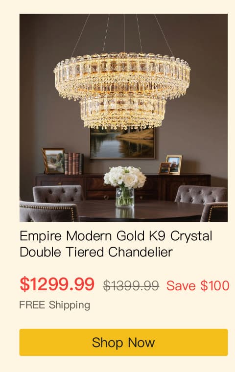 Empire Modern Gold K9 Crystal Double Tiered Three-Color Dimming Chandelier