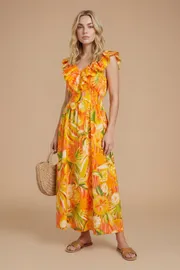 Fruit Frill Neckline Lace Detail Printed Midi Dress