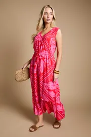 Pink Tropical Sleeveless Drawstring Waist Tiered Maxi Dress