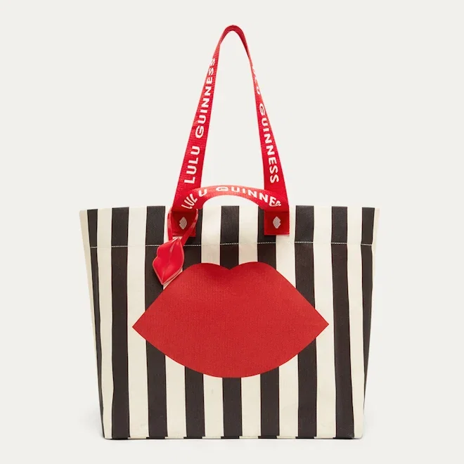 BLACK MULTI STRIPED LULU LIP SHOPPER TOTE BAG