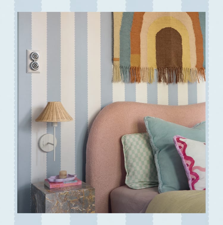 Fresh, playful and endlessly versatile, Scallop Stripe brings a softer take on the classic stripe. See how @katerevz paired soft blue stripes with warm textures and playful accents to create a bedroom full of colour, charm and personality.