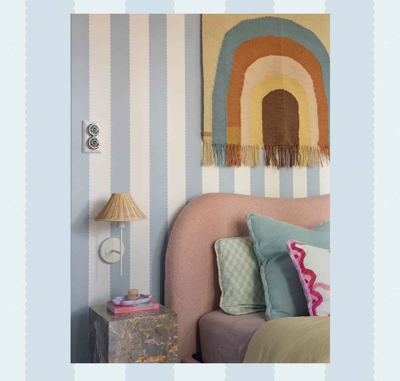 Fresh, playful and endlessly versatile, Scallop Stripe brings a softer take on the classic stripe. See how @katerevz paired soft blue stripes with warm textures and playful accents to create a bedroom full of colour, charm and personality.