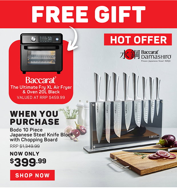 FREE Baccarat XL Air Fryer & Oven 20L Black When You Purchase Baccarat Damashiro Bodo 10 Piece Knife Block