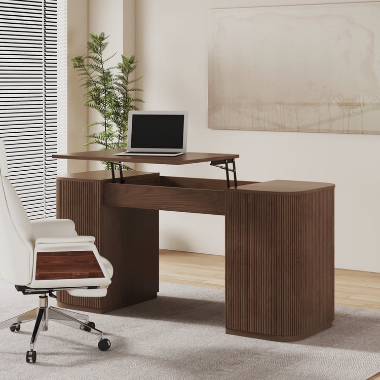 Velign 60" Walnut Standing Computer Desk with 2-Door Storage Cabinet