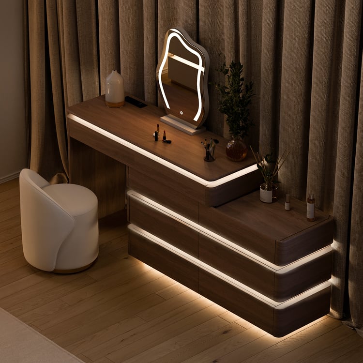 Lumio Walnut Rotating Lighted Makeup Vanity Set with Charging Station & Mirror