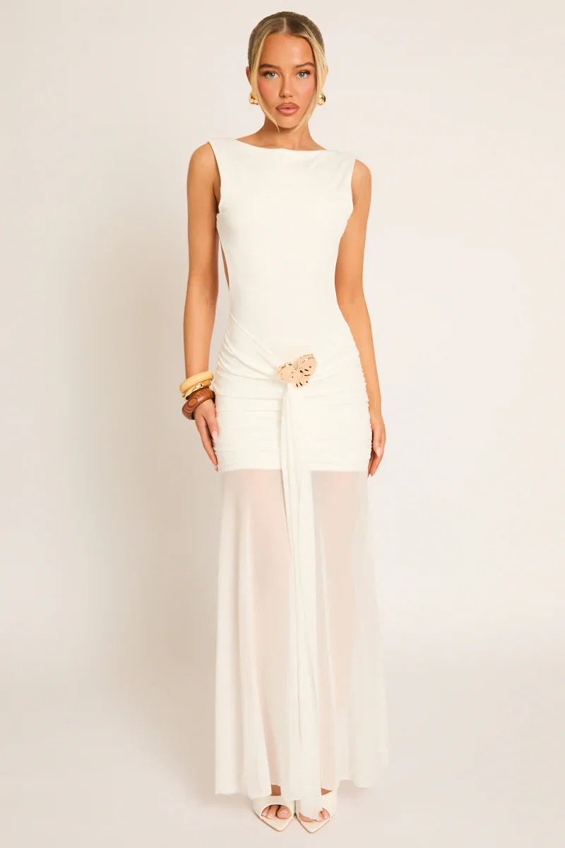 Image of White Trim Detail Mesh Overlay Maxi Dress - Amber