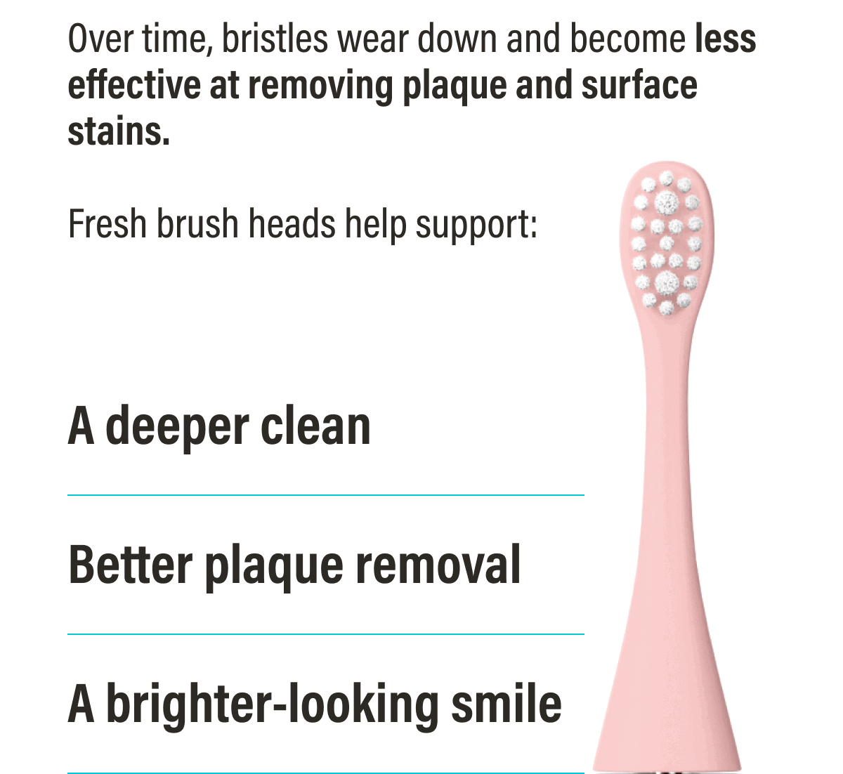 Over time, bristles wear down and become less effective at removing plaque and surface stains. | Fresh brush heads help support:  A deeper clean - Better plaque removal - A brighter-looking smile