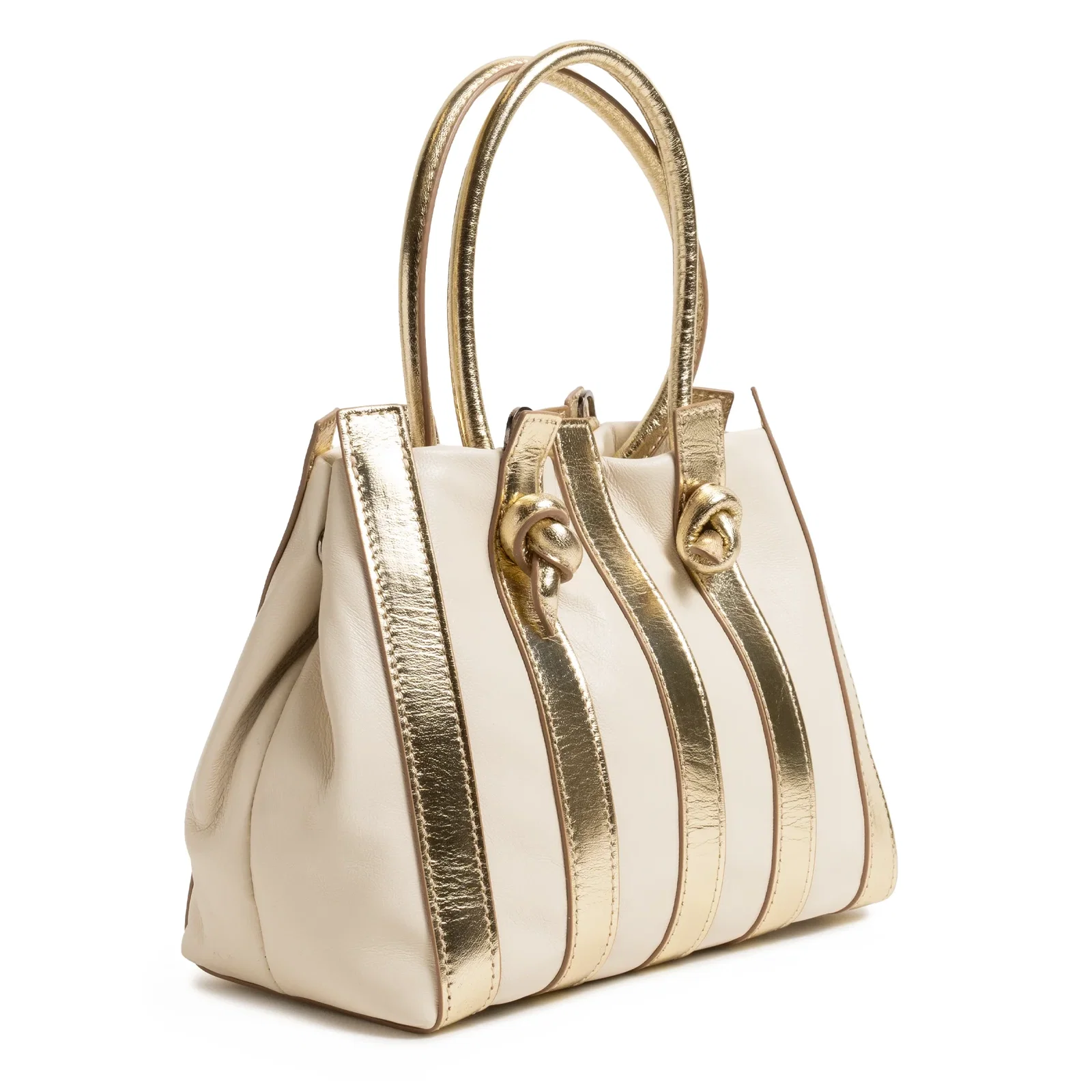 Image of Stripes Medium Shopping Bag in Ivory and Platinum Nappa Leather