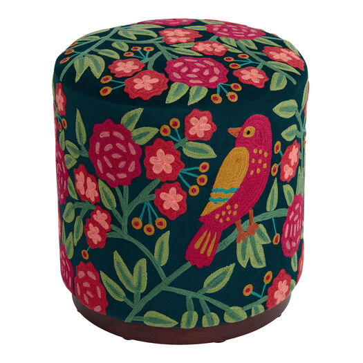 Zinnia Green Velvet Embroidered Bird and Floral Ottoman
