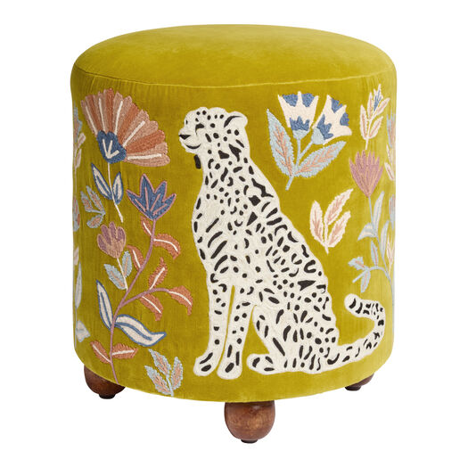 Samira Ochre Velvet Embroidered Leopard Floral Ottoman