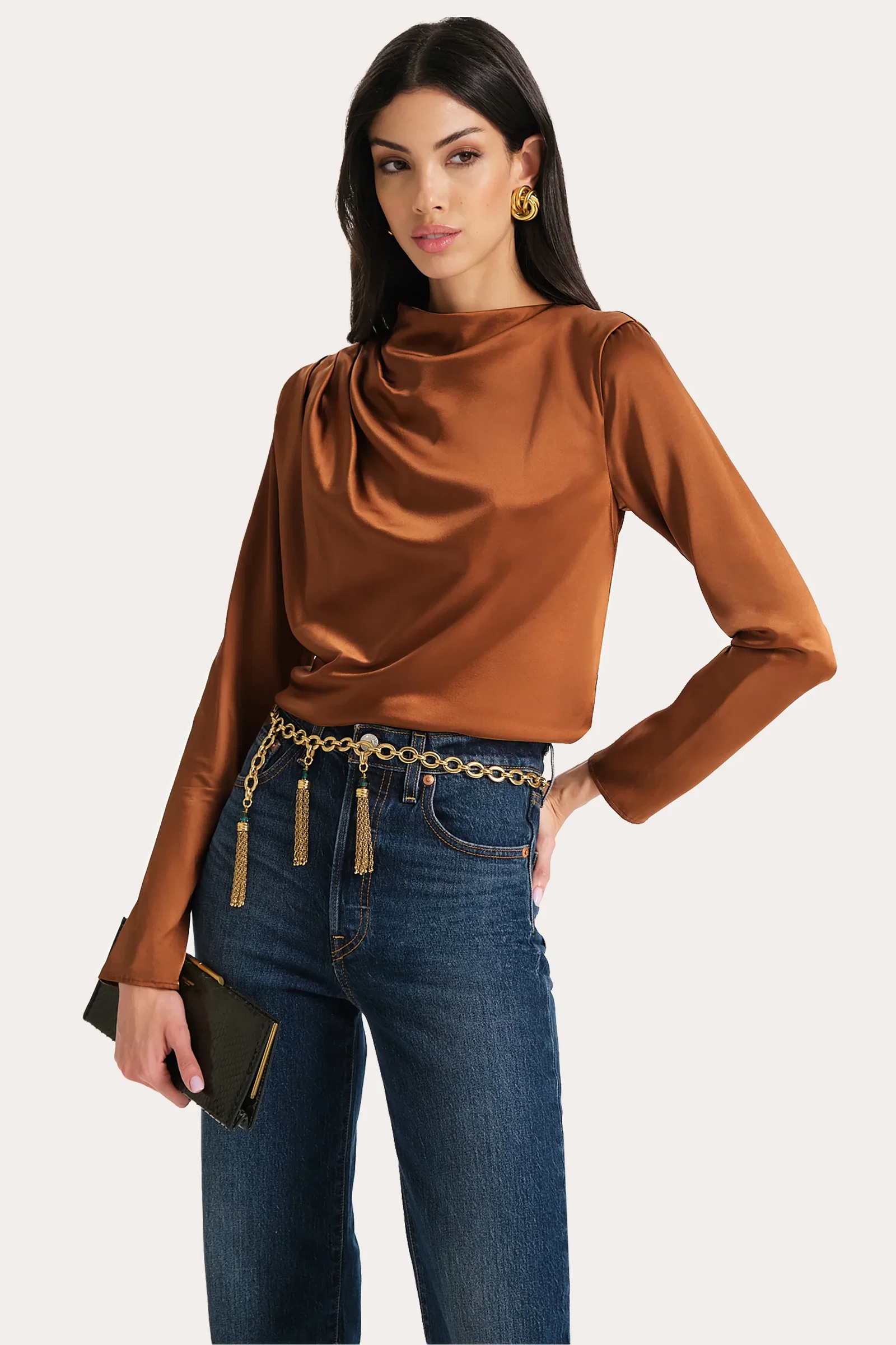 Image of Leah Silk Charmeuse Ruched Long Sleeve Shirt