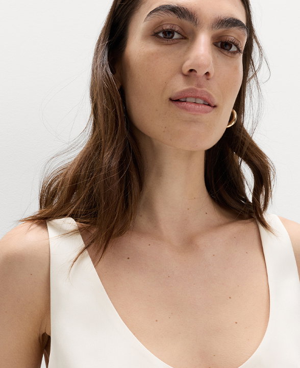 Woman wearing Ivory Satin Scoop Neck Cami Top