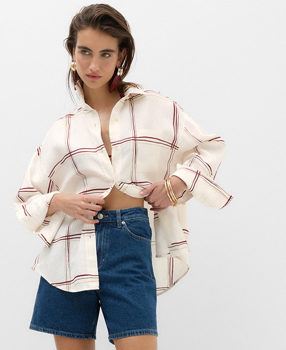 Woman wearing Ivory Mix Pure Linen Checked Shirt