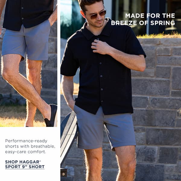 A man poses in Haggar Sport shorts