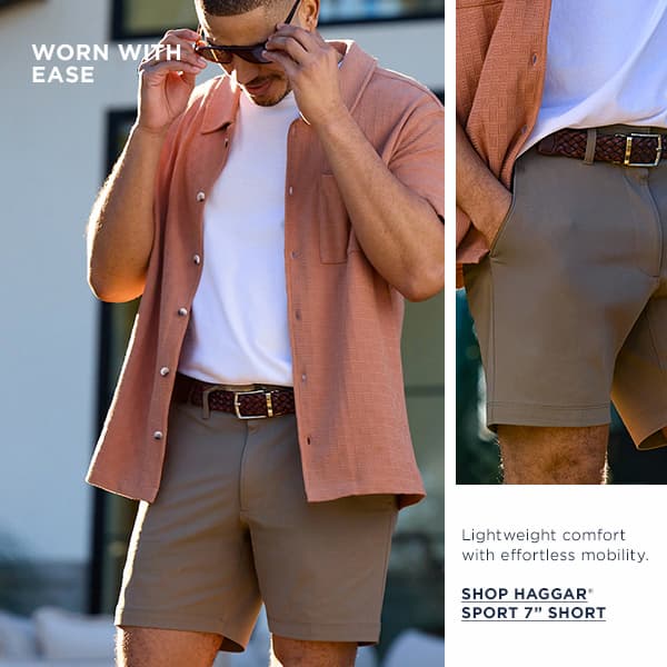 A man poses in Haggar Sport shorts