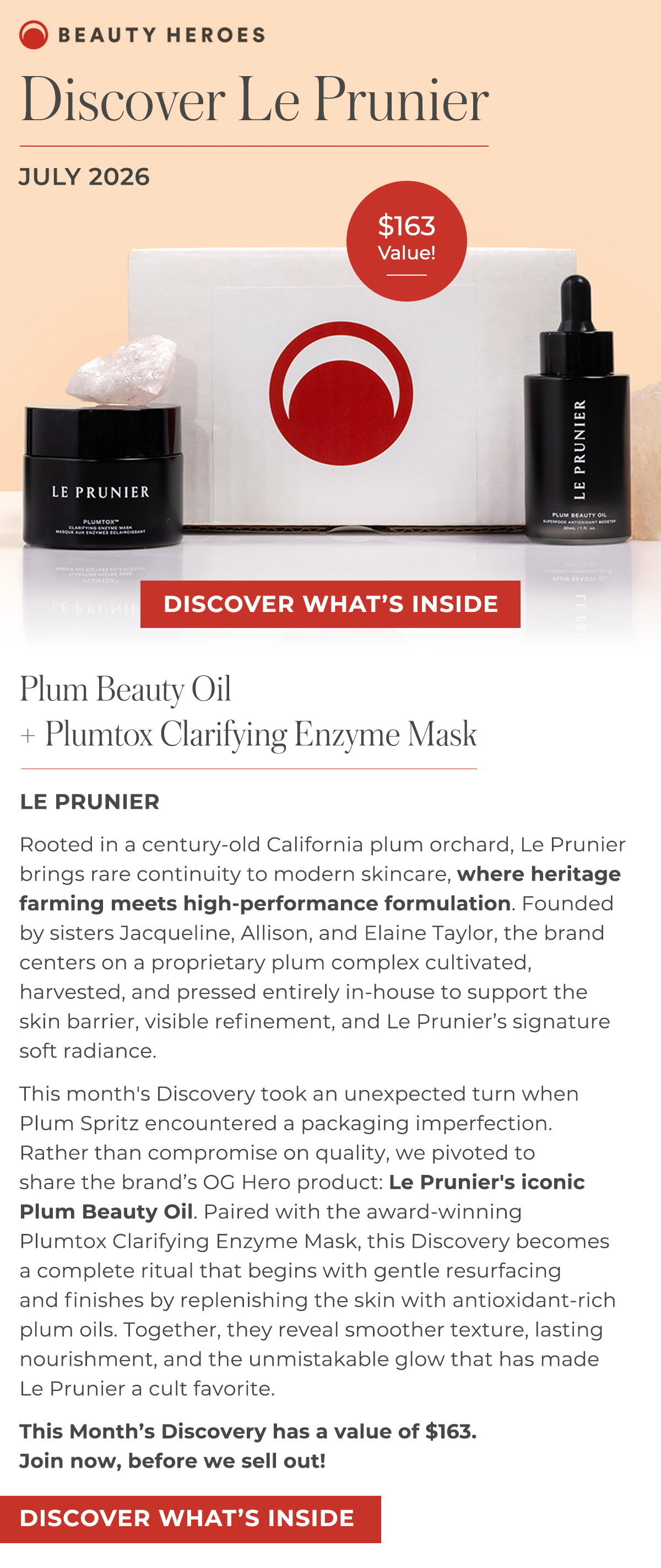 This month's Discovery took an unexpected turn when Plum Spritz encountered a packaging imperfection. Rather than compromise on quality, we pivoted to share the brand’s OG Hero product: Le Prunier's iconic Plum Beauty Oil. 