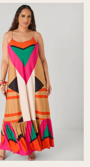 Chain Trimmed Geo Print Maxi Dress