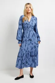 Blue Floral Empire Seam Frill Detail Midi Dress