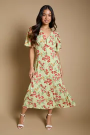 Petite Green Floral Button Front Angel Sleeve Tie Back Midi Dress