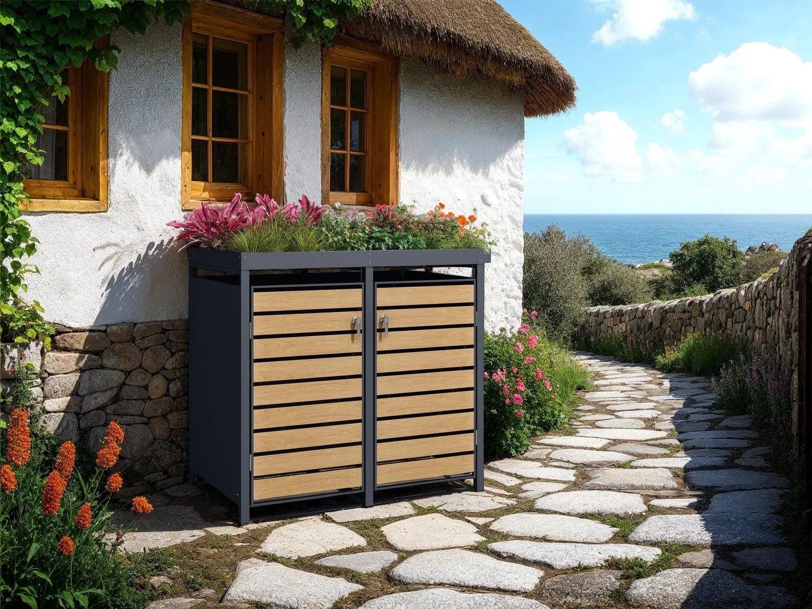 Image of Galvanized Steel Wheelie Bin Cover Wood Effect With Planters | Double | Damaged Box