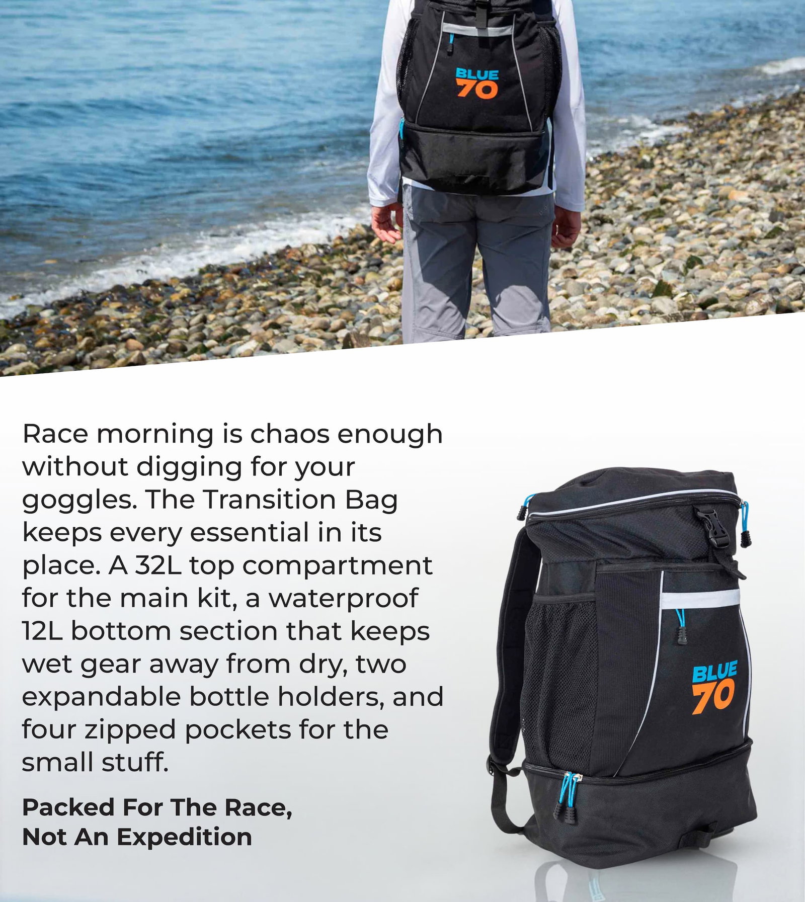 Race morning is chaos enough without digging for your goggles. The Transition Bag keeps every essential in its place. A 32L top compartment for the main kit, a waterproof 12L bottom section that keeps wet gear away from dry, two expandable bottle holders, and four zipped pockets for the small stuff.