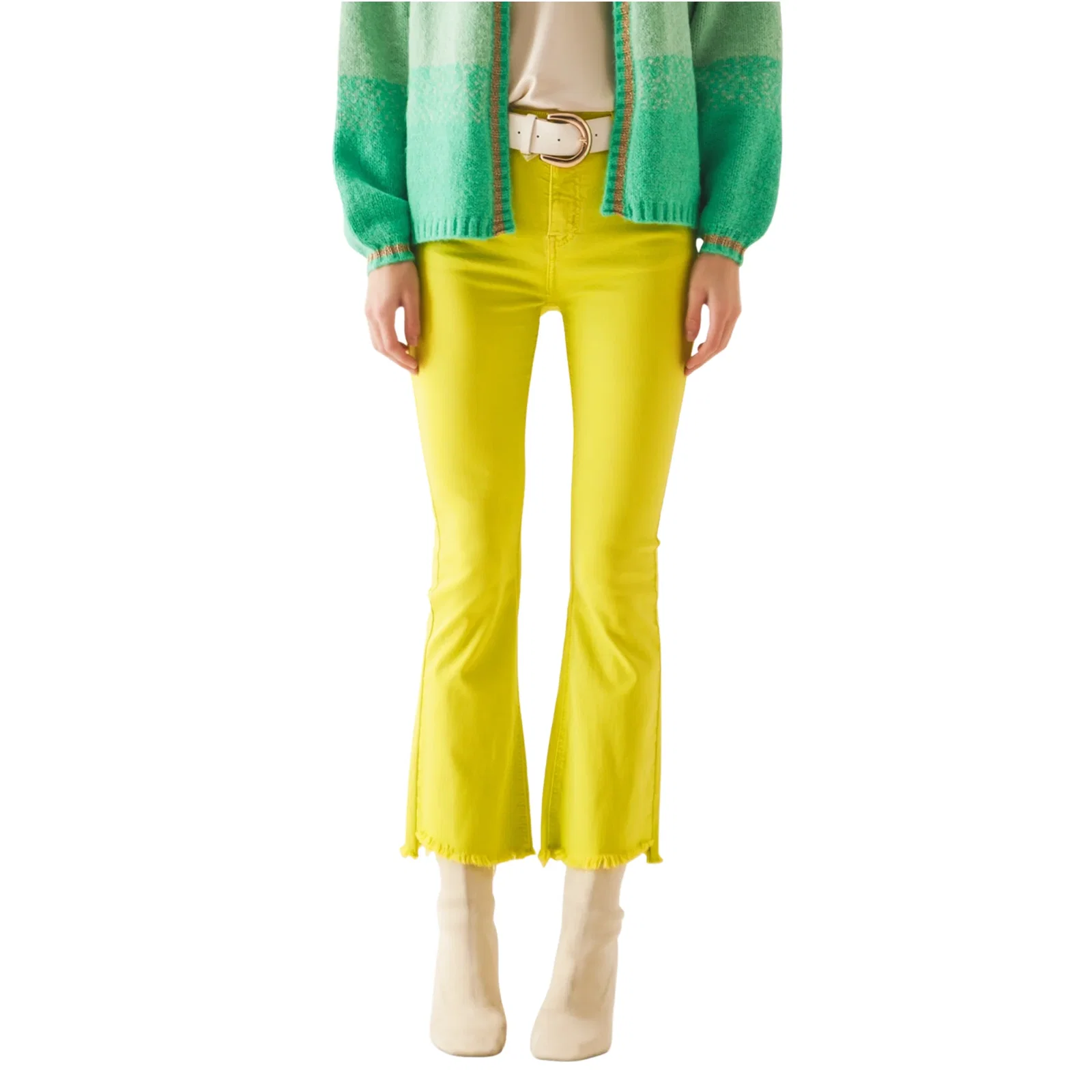 Image of Flare Jeans with Raw Hem Edge in Chartruese