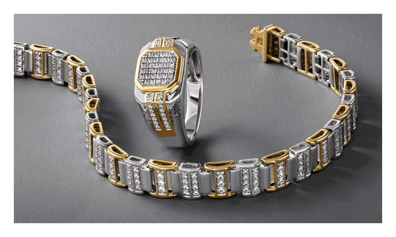 Two-tone diamond bracelet paired with a matching two-tone signet diamond ring.