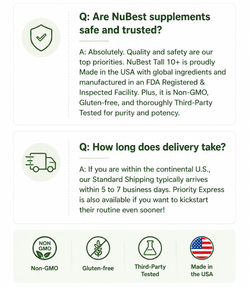 Q: Are NuBest supplements safe and trusted? Absolutely. Quality and safety are our top priorities. NuBest Tall 10+ is made in the USA with globally sourced ingredients, manufactured in an FDA-registered and inspected facility, non-GMO, gluten-free, and third-party tested for purity and potency.  Q: How long does delivery take? For customers within the continental U.S., standard shipping typically arrives within 5–7 business days, while priority express shipping is also available if you'd like to receive your order sooner.