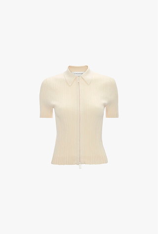 Ribbed Polo Top In Beige