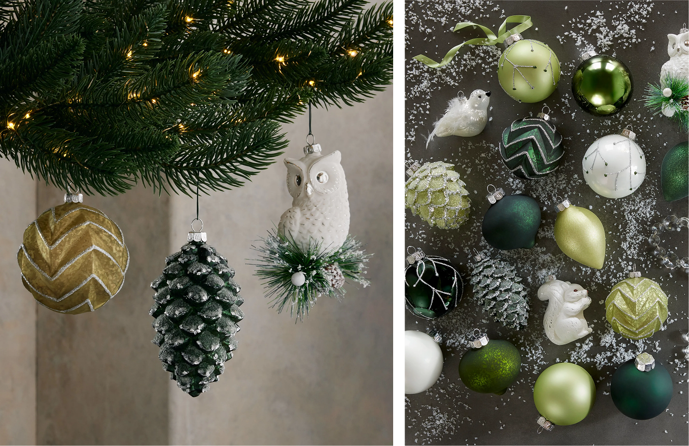 Close-up of green, gold, and white Christmas ornaments, including pinecone and owl decorations, hanging from tree branches and arranged on a snowy background.