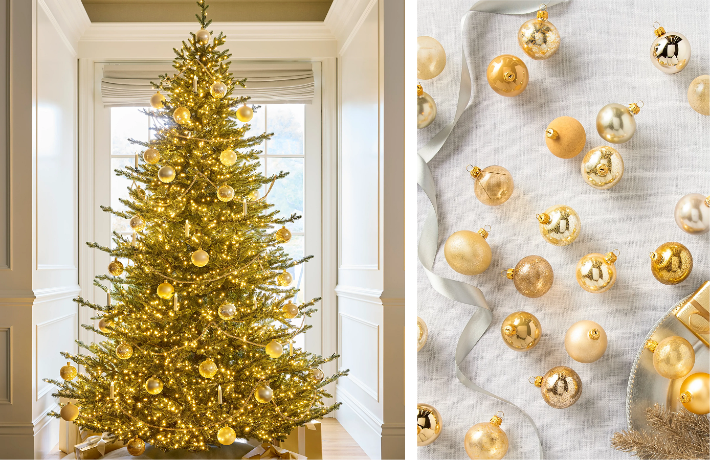 Gold-themed Christmas tree with warm lights beside an arrangement of gold and champagne ornaments.