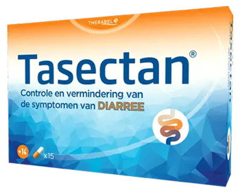 Box of Tasectan anti-diarrhoea capsules with orange and blue packaging for control and reduction of diarrhoea symptoms