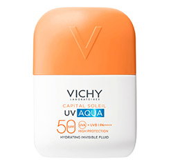 Vichy Capital Soleil UV Aqua SPF50 sunscreen bottle with orange cap — hydrating invisible fluid skincare product