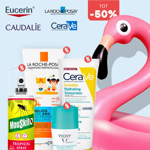 Summer sale of sunscreens and insect repellent beside pink inflatable flamingo with -50% off tag, featuring CeraVe & La Roche-Posay