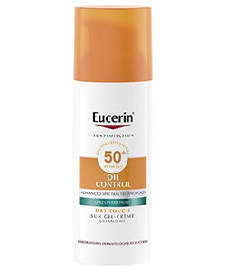 Eucerin Sun Protection Oil Control SPF 50+ dry-touch sun cream gel-cream in white and orange pump bottle
