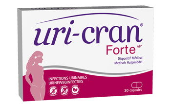 Box of Uri-cran Forte AF urinary infection supplement, 30 capsules, pink packaging featuring a female silhouette