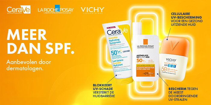 Orange ad showing CeraVe, La Roche‑Posay and Vichy SPF 50+ sunscreens with Dutch 'Meer dan SPF' dermatologist endorsement