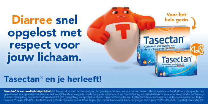 Tasectan packaging and orange mascot character beside product boxes, promoting fast diarrhoea relief for the whole family and kids.